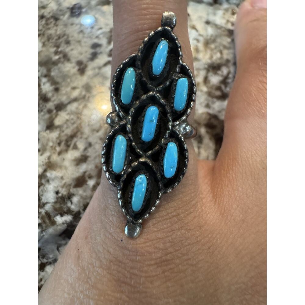 Vintage Artisan Turquoise Petit Point Sterling Silver Statement Ring Size 5